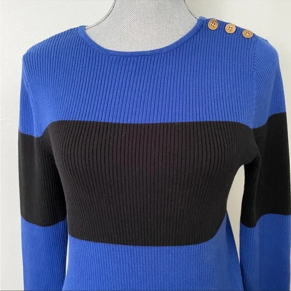 LAUREN RALPH LAUREN RIB KNIT SWEATER STRIPED BLUE BLACK SIZE L - Picture 3 of 6